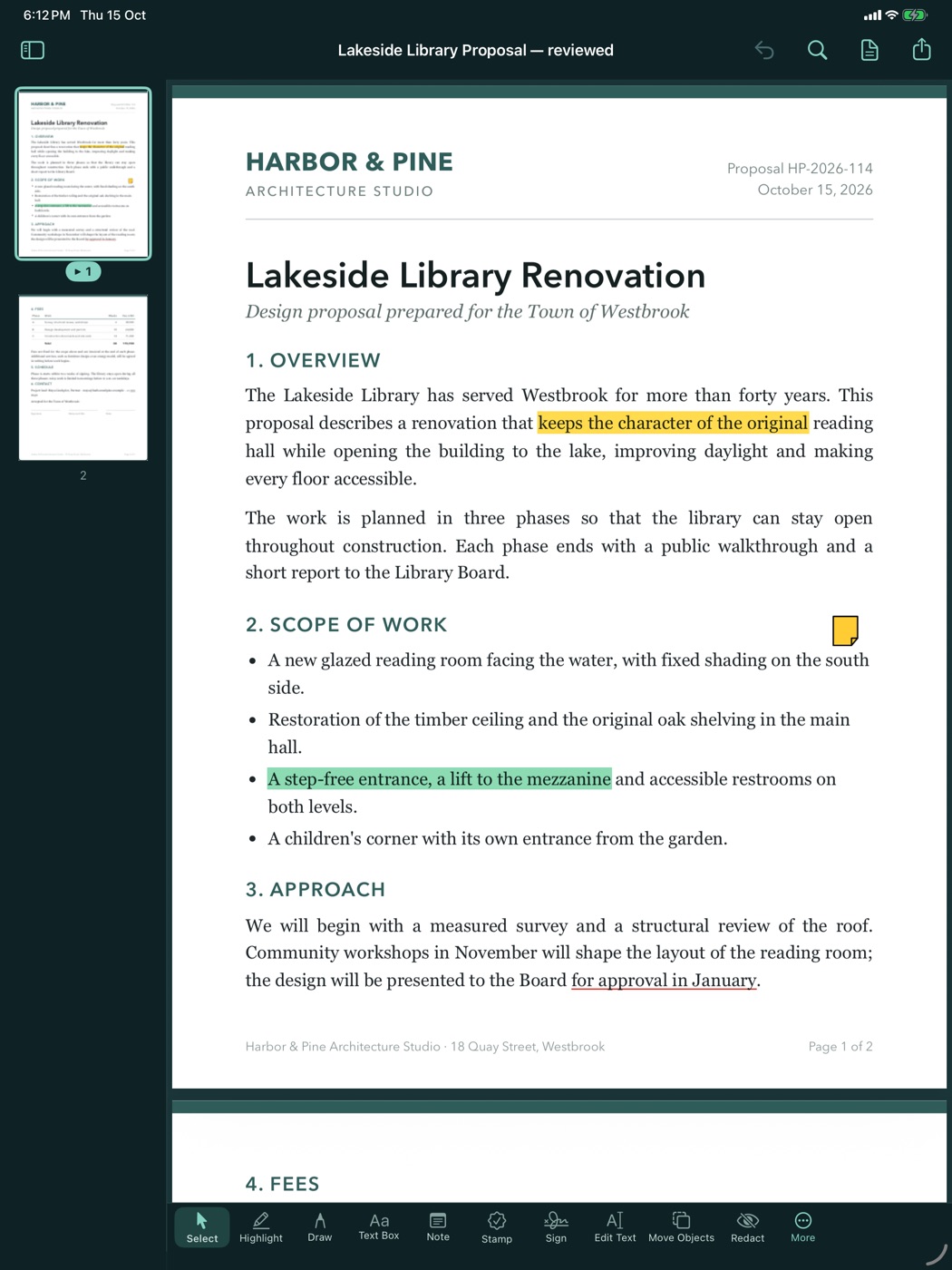 Manta PDF on iPad: a proposal with highlights and a note