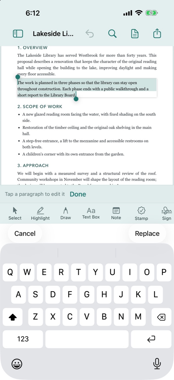 Manta PDF on iPhone: a paragraph being edited in place